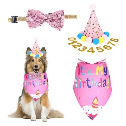 4 Stück Hunde Geburtstag Hut Set, Hundebekleidung & Zubehör mit Geburtstag Hut, Halstuch Hund, 8 Glitter Zahlen und Fliege, für Hunde, Katzen Haustiere Party(Rosa) von NYTGAH