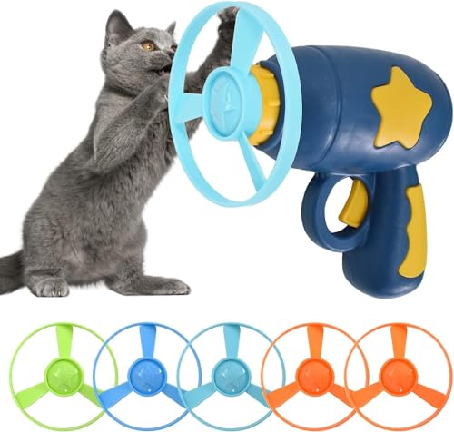 Cat Fetch Toy, Bunte Fliegende Propeller Disc Katzenspielzeug Chasing Untertasse mit 1 Launchers, 5 Propellers Zufälliger Farbe für Interaktivität Training Jagen Schlagen Haustier Spielzeug (Blau) von Naapesi