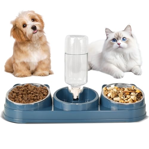 Katzenfutter und Wassernap Set – 3-in-1 Doppelnapf Katzennapf mit 500ml Wasserflasche, Nass und Trockentrennung, Schräger Erhöhter Futterplatz, Metallnapf für kleine und mittelgroße Hunde (Blue) von Naapesi