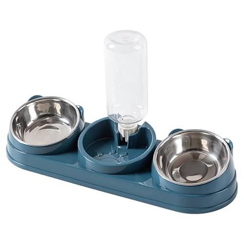 Katzenfutter und Wassernap Set – 3-in-1 Doppelnapf Katzennapf mit 500ml Wasserflasche, Nass und Trockentrennung, Schräger Erhöhter Futterplatz, Metallnapf für kleine und mittelgroße Hunde (Blue) von Naapesi