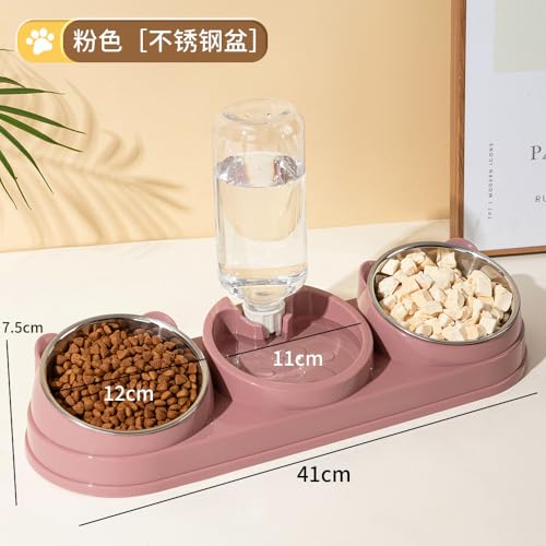 Katzenfutter und Wassernap Set – 3-in-1 Doppelnapf Katzennapf mit 500ml Wasserflasche, Nass und Trockentrennung, Schräger Erhöhter Futterplatz, Metallnapf für kleine und mittelgroße Hunde (Pink) von Naapesi