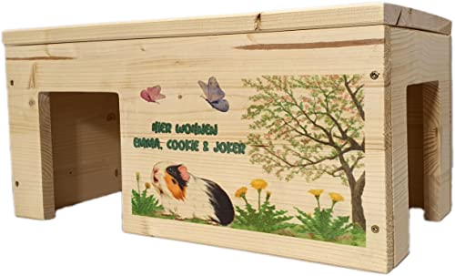 Nagerstore Meerschweinchenhaus Personalisiert mit Wunschnamen ihrer Meerschweinchen mit 2 Eingängen, Holzlasur & Aufklappbar / 45x25x22cm von Nagerstore