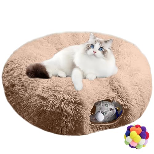 Katzentunnelbett für Indoor-Katzen - Niedliches Katzen-Donut-Tunnel-Spielzeug mit waschbarem Kreiskissen, rundes Haustier-Peekaboo-Höhlenspielzeug für Kätzchen/Welpen/Kaninchen (Braun) von Naielfopet
