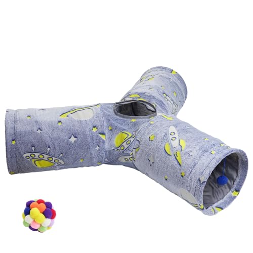 Naielfopet 3 Wege Katzentunnel mit Plüschball, Indoor-Katzentunnel mit nachtleuchtendem Muster, Haustierspieltunnel Spielzeug für Kätzchen/Welpen/Kaninchen/Frettchen/Kleintiere (Grau) von Naielfopet