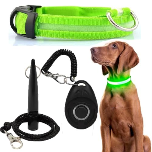 NAKOSITE LED Leuchthalsband Hund + Hundepfeife + Clicker Hund – Verstellbare Größe, 3 Lichtmodi, Hohe Sichtbarkeit bis 500m, Nachtsicherheit für kleine bis große Hunde (Grün) von Nakosite