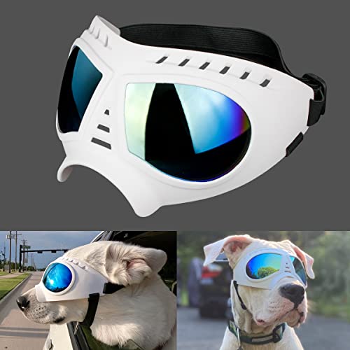 NAMSAN Hundebrille Anti-UV Wasserdicht Winddicht Einstellbar Hunde Sonnenbrille Mode Hunde Schutzbrille für Mittlere/Große Hunde-Weiß von Namsan