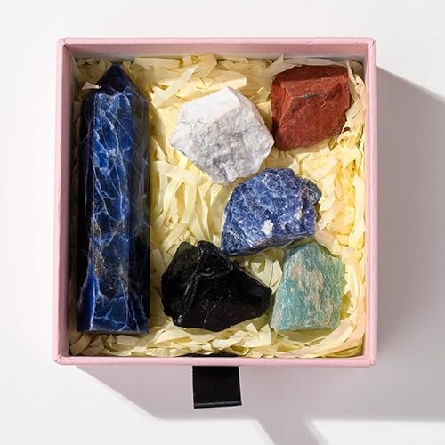 Namzi 1 Stück natürliche Kristallsäule Rohstein Set Box, blau strukturierter einspitziger Kristallstein sechseckige Säule Mineraletiketten-Set Box Yoga Stein Ornament von Namzi