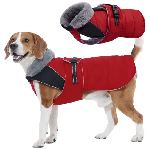 Nanaki Warmer Hundemantel für den Winter, mit Fleece gefüttertem Pelzkragen, wasserdicht, reflektierend, Hunde-Schneeanzug mit Loch für die Leine für die Leine für Spaziergänge, Jagd, einfach bei Nanaki Warmer Hundemantel für den Winter, mit Fleece gefüttertem Pelzkragen, wasserdicht, reflektierend, Hunde-Schneeanzug mit Loch für die Leine für die Leine für Spaziergänge, Jagd, einfach bei von Nanaki