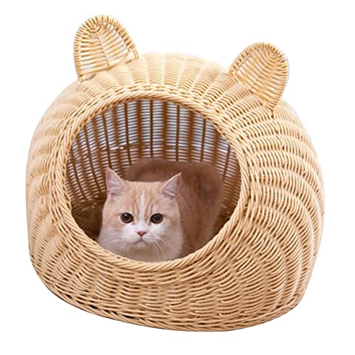 Halbgeschlossenes Katzenbett, Atmungsaktives, Handgewebtes Ganzjahres-Katzenhaus aus Rattanimitat für Kleine Hunde für den Innenbereich (Beige) von Naroote