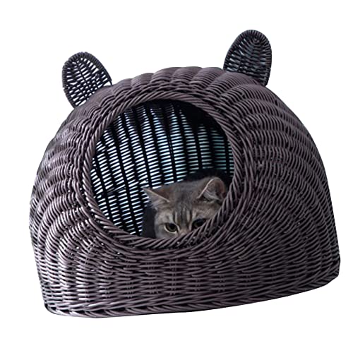 Halbgeschlossenes Katzenbett, Atmungsaktives, Handgewebtes Ganzjahres-Katzenhaus aus Rattanimitat für Kleine Hunde für den Innenbereich (Kaffee) von Naroote