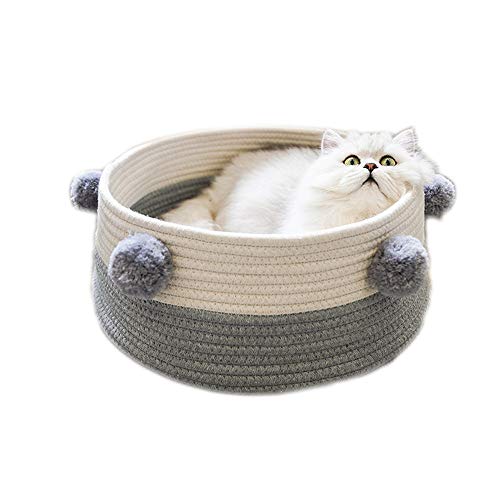 Haustierbett, waschbar, rund, mit Pompon, für Katzen, warmes Schlafkissen für Katzen (grau-weiß) von NashaFeiLi