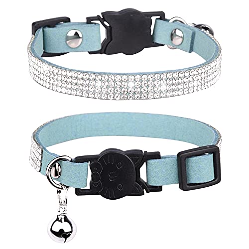 Katzenhalsband mit Glöckchen, 2 Stück, Strass-Halsband, verstellbare Halskette für Katzen, Kätzchen, Größe S, Hellblau von NashaFeiLi