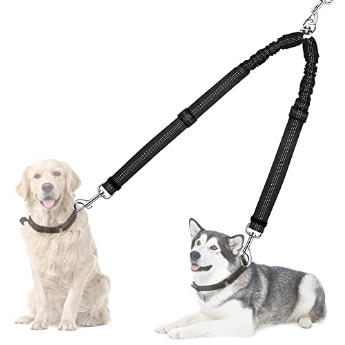 Nasjac Doppelte Hundeleine, kein Verheddern 360° drehbarer Splitter Doppelleine fur Zwei Hunde, verstellbare stoßdämpfende Bungee-reflektierende Leine für Hunde klein mittlere und große Lauftraining von Nasjac