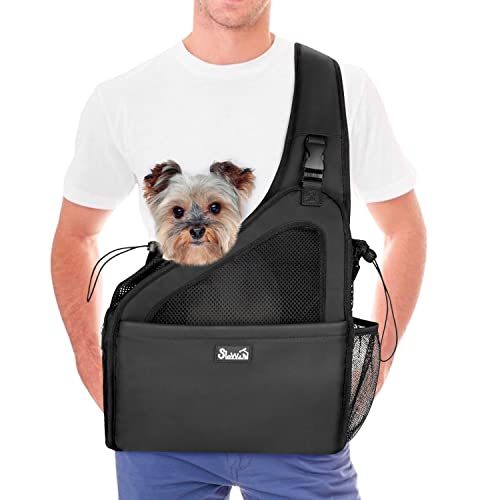 Nasjac Haustier Hund Riemen-Fördermaschine, Welpe Reisetasche Tote Verstellbarer gepolsterter Gurt Atmungsaktives Netz Harte untere Stütze Kordelzug Vordertasche Waschbar, unter 7.0kg (Schwarz) von Nasjac