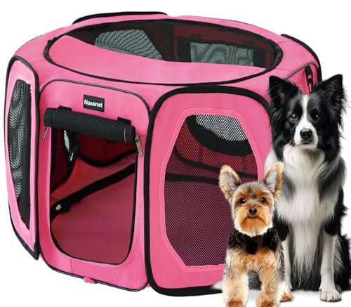Nasonet Hunde-Laufstall, Katzen-/Hundekäfig, tragbar, Haustier-Trainingskäfig, Hundehütte, Welpen-Laufstall, Tierlaufstall, für drinnen und draußen, wasserabweisend, mit Reisetasche (Rosa, groß) Nasonet Hunde-Laufstall, Katzen-/Hundekäfig, tragbar, Haustier-Trainingskäfig, Hundehütte, Welpen-Laufstall, Tierlaufstall, für drinnen und draußen, wasserabweisend, mit Reisetasche (Rosa, groß) von Nasonet