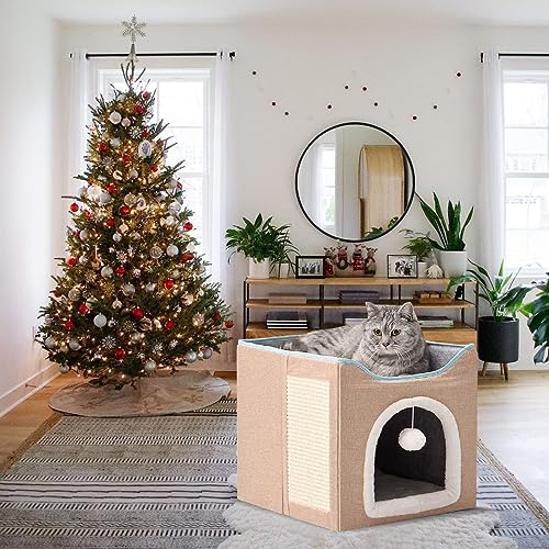 Kitty Shelter for Pets cat houses for Indoor Cats to Stay Bedsure for Indoor Cat Cave for Pet with Fluffy Ball Hanging and Scratch Pad, Foldable Cat Hideaway, 39 x 39 x 38 cm, Grey (Khaki) von Natazo