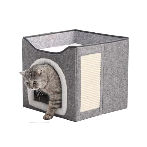Kitty Shelter for Pets cat houses for indoor cats to stay Bedsure for Indoor Cat Cave for Pet with Fluffy Ball Hanging and Scratch Pad, Foldable Cat Hideaway, 39 x 39 x 38 cm, Grey (Grey) von Natazo