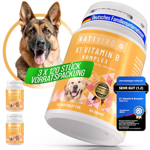 NatiVivo® Premium Hunde K1 Vitamin B Komplex hochdosiert NUR FÜR Grosse Hunde > 15 kg Nicht teilbar 3x120 Tabletten VORRATSPACKUNG inklusive B12 und Folsäure. Nervenstark durch den Alltag! von NatiVivo