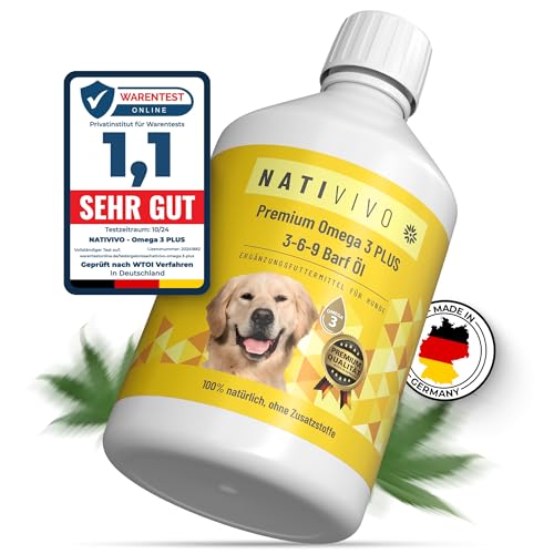 NatiVivo Premium Omega 3 Plus 3-6-9 Hunde Barföl 250ml Omega 3 Boost Fischöl 100% natürlich - fördert den Ausgleich des Omega 6 Ungleichgewichts von NatiVivo
