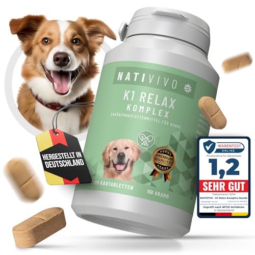 NatiVivo 120 Tabletten Premium Hunde K1 Relax Komplex Beruhigungsmittel hochdosiert inklusive Baldrian. Relaxt durch den Alltag! Entspannungs- & Anti-Stressmittel für Hunde von NatiVivo