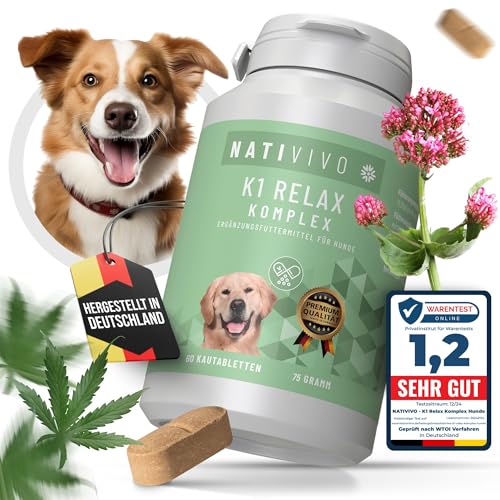 NatiVivo® 60 Tabletten Premium Hunde K1 Relax Komplex Beruhigungsmittel hochdosiert inklusive Baldrian und Hanföl. Relaxt durch den Alltag! Entspannungs- & Anti-Stressmittel für Hunde von NatiVivo