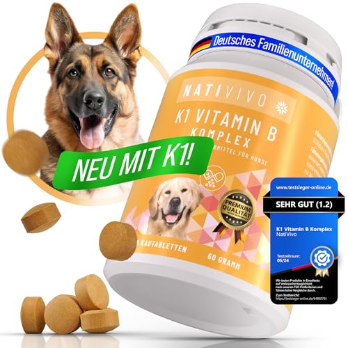 NatiVivo® Premium Hunde K1 Vitamin B Komplex hochdosiert NUR FÜR Grosse Hunde > 15 kg Tabletten Nicht teilbar inklusive B12 und Folsäure. Nervenstark durch den Alltag! von NatiVivo