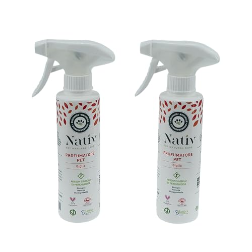 Nativ Eco Lab Pet – 100 % natürlicher Lufterfrischer für Tiere, feuchtigkeitsspendend, mit zartem Lilienduft, 2 Flaschen à 200 ml. Beseitigt unangenehme Gerüche und befeuchtet das Fell und die Haut von Nativ