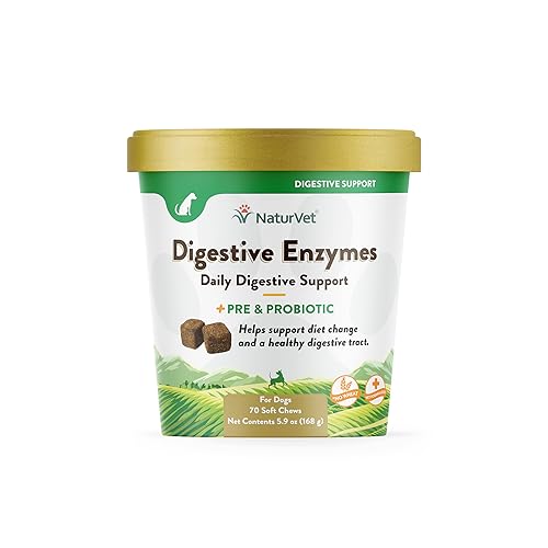 NaturVet – Verdauungsenzyme – Plus Probiotika & Präbiotika – unterstützt den Ernährungswechsel & einen gesunden Verdauungstritt – für Hunde & Katzen (weiches Kauen, 70 Stück) von NaturVet