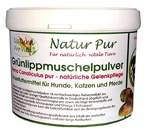 Grünlippmuschelpulver Katze Naturprodukt Top Qualität gut für Knochen Sehnen Gelenke Haut Fell unterstützt Skelettentwickung und Bewegungsfreude Natura Pro Vita reines Grünlippmuschelpulver 250g Dose von Natura Pro Vita