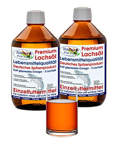 Lachsöl Hunde Lebensmittelqualität Barföl Hunde Natura Pro Vita kaltgepresst Lachs Fischöl Hund für Haut und Fell Omega3 Öl Hunde Immunkraft 2L Glasflasche (2X 1L) von Natura Pro Vita