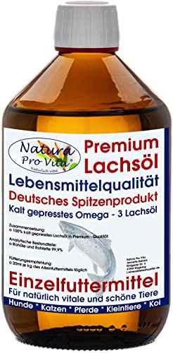 Lachsöl Koi Störe Teichfische kaltgepresst Lebensmittelqualität Omega 3 Öl Koi Futter Zusatz Energie Immunkraft für Koi Fische Frühjahr Herbst 1L Glasflasche von Natura Pro Vita