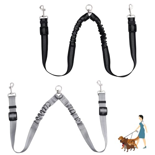 2 x Doppel-Hundeleine, kein Verheddern beim Spazierengehen, 2 Hunde, verstellbare Länge, reflektierender Splitter für große und kleine Hunde (Schwarz, Grau) von Naturahand