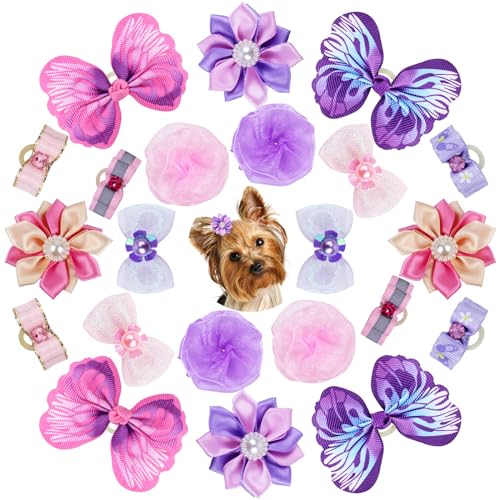 Naturahand 22 Stück niedliche Hundehaarschleifen mit elastischen Gummibändern, kleine Welpen-Haar-Accessoires mit Schmetterlings-Blumen-Perlen, Doppelschleife für Haustiere, Hunde, Katzen, Haarpflege von Naturahand