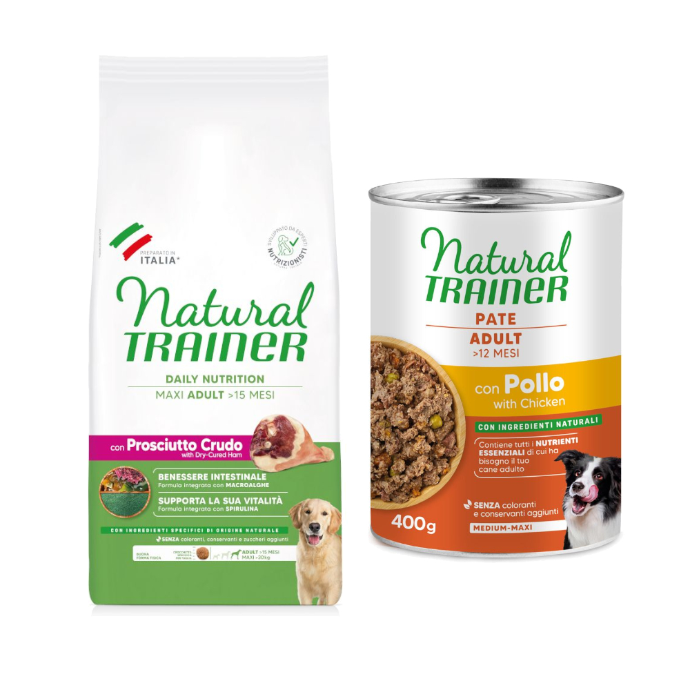 12 kg Natural Trainer + 2 x 400 g passendes Nassfutter gratis! - Adult Maxi Prosciutto + Pate Medium & Maxi Adult mit Huhn von Natural Trainer