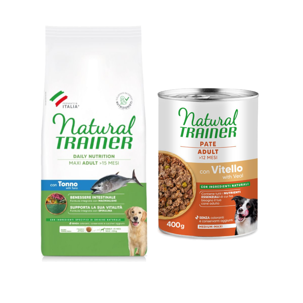 12 kg Natural Trainer + 2 x 400 g passendes Nassfutter gratis! - Adult Maxi mit Thunfisch + Pate Medium & Maxi Adult mit Kalbfleisch von Natural Trainer