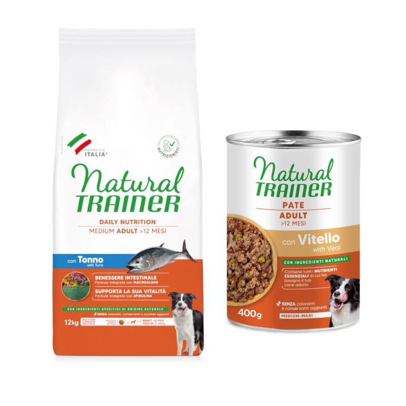12 kg Natural Trainer + 2 x 400 g passendes Nassfutter gratis! - Adult Medium mit Thunfisch + Pate Medium & Maxi Adult mit Kalbfleisch von Natural Trainer