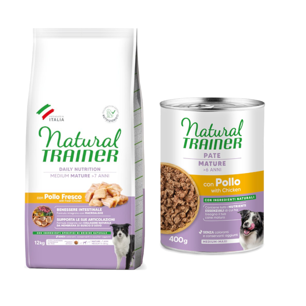 12 kg Natural Trainer + 2 x 400 g passendes Nassfutter gratis! - Mature Medium mit Huhn + Pate Medium & Maxi Mature mit Huhn von Natural Trainer