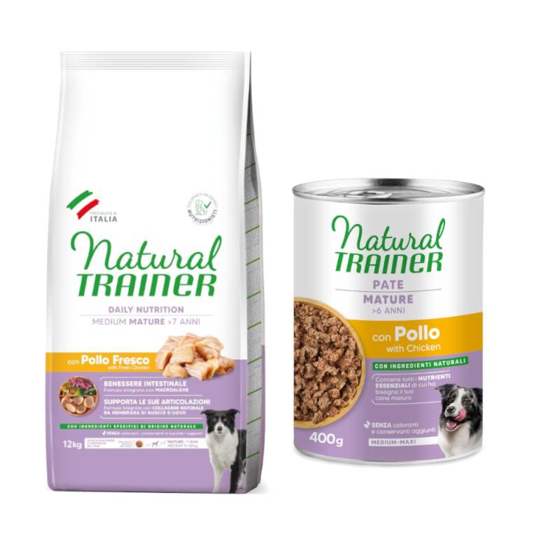 12 kg Natural Trainer + 2 x 400 g passendes Nassfutter gratis! - Mature Medium mit Huhn + Pate Medium & Maxi Mature mit Huhn von Natural Trainer
