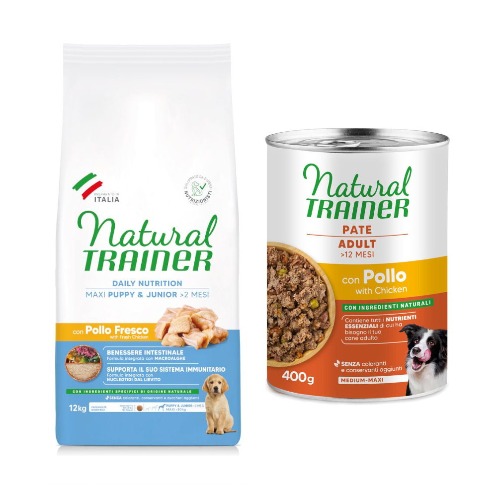 12 kg Natural Trainer + 2 x 400 g passendes Nassfutter gratis! - Puppy & Junior Maxi mit Huhn + Pate Medium & Maxi Adult mit Huhn von Natural Trainer