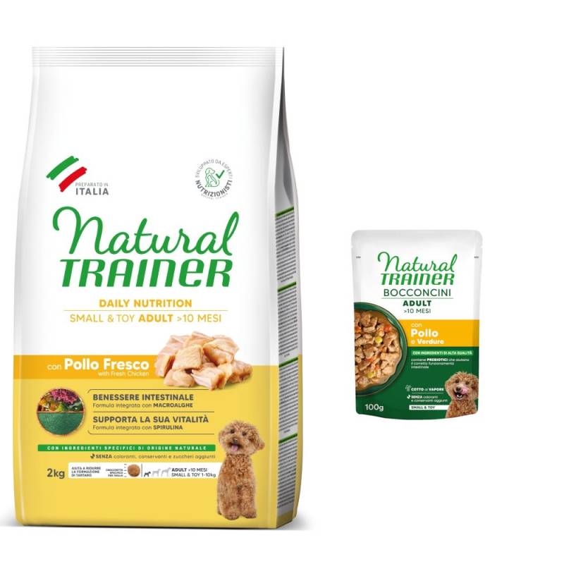 2 kg Natural Trainer Small & Toy + 2 x 100 g passendes Nassfutter gratis! - Adult mit Huhn + 2 x 100 g Huhn von Natural Trainer