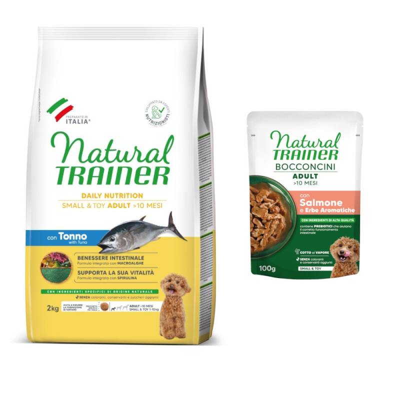 2 kg Natural Trainer Small & Toy + 2 x 100 g passendes Nassfutter gratis! - Adult mit Thunfisch + 2 x 100 g Lachs von Natural Trainer
