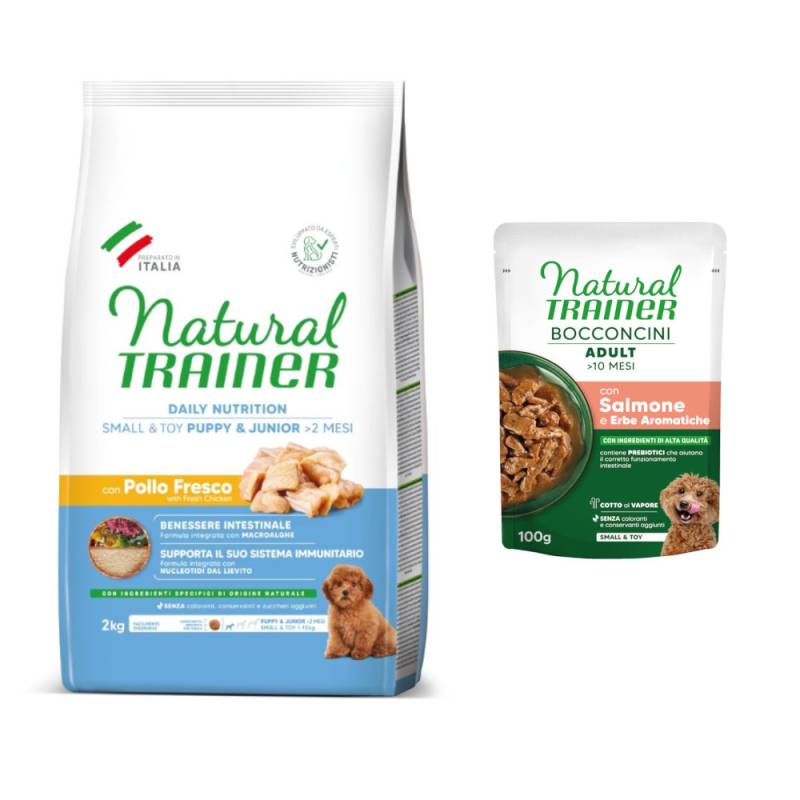 2 kg Natural Trainer Small & Toy + 2 x 100 g passendes Nassfutter gratis! - Puppy & Junior mit Huhn + 2 x 100 g Lachs von Natural Trainer