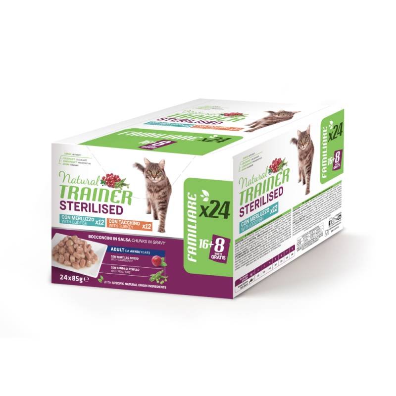 60 + 12 gratis! 72 x 85 g Natural Trainer Adult - Sterilised Truthahn und Kabeljau von Natural Trainer