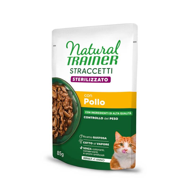 60 + 12 gratis! 72 x 85 g Natural Trainer Adult - Straccetti Sterilised Streifen in Soße mit Huhn von Natural Trainer