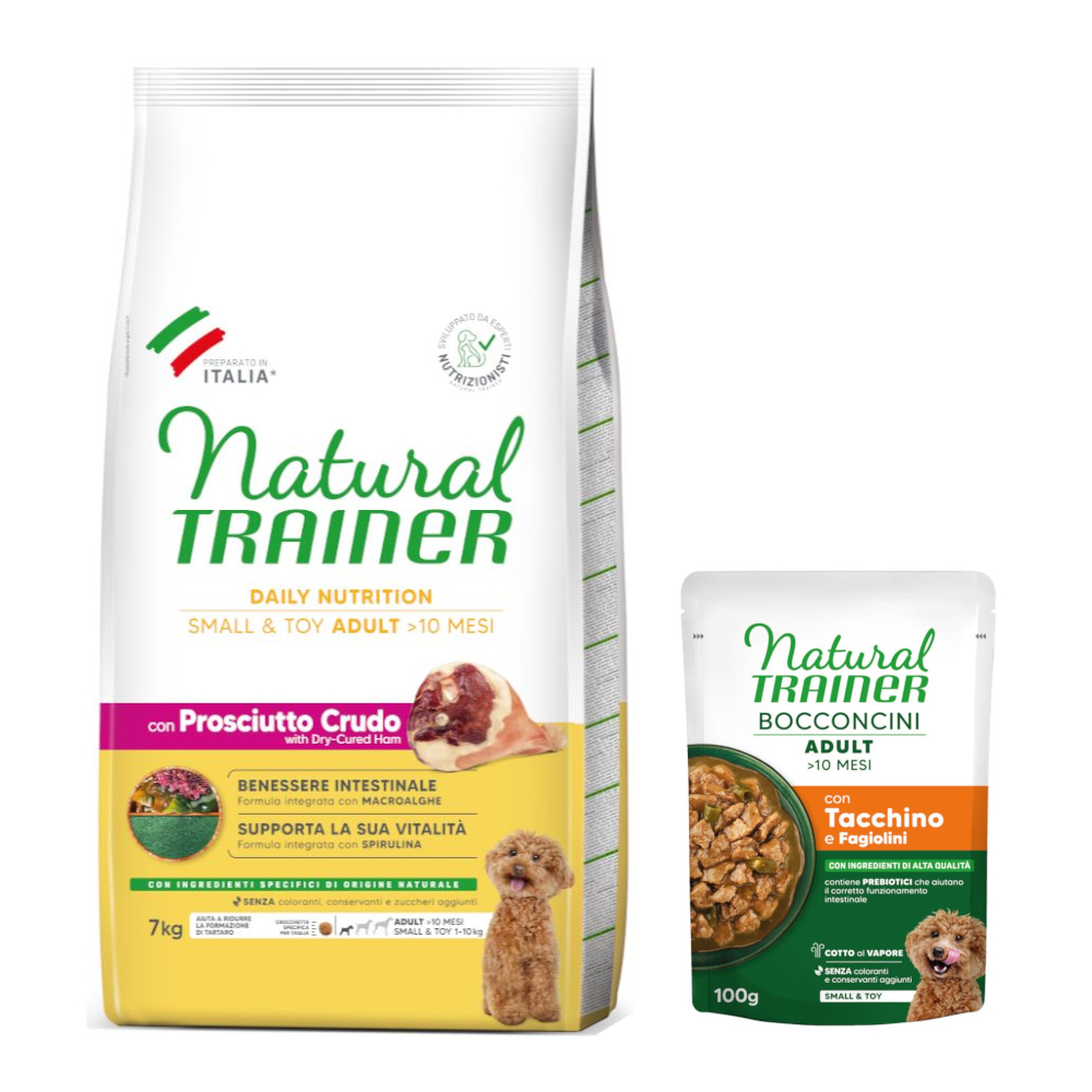 7 kg Natural Trainer Adult Small & Toy + 6 x 100 g passendes Nassfutter gratis! - 7 kg Prosciutto Crudo + 6 x 100 g Truthahn von Natural Trainer