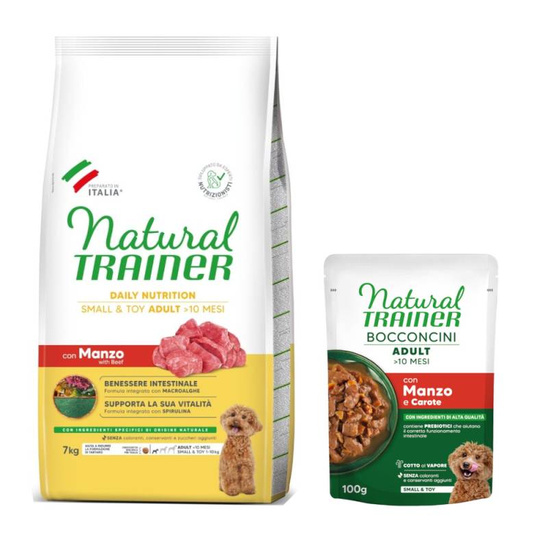 7 kg Natural Trainer Adult Small & Toy + 6 x 100 g passendes Nassfutter gratis! - 7 kg Rind + 6 x 100 g Rind von Natural Trainer
