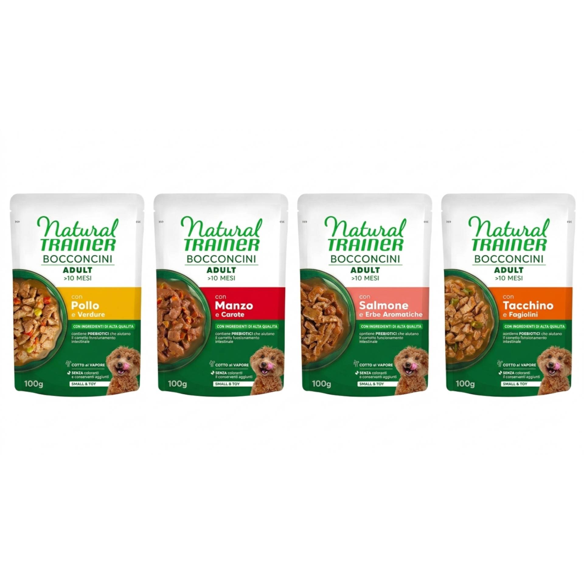 Natural Trainer Bocconcini Adult Small & Toy Häppchen in Sauce - Mix 12 x 100 g (Huhn, Rind, Lachs, Truthahn) von Natural Trainer