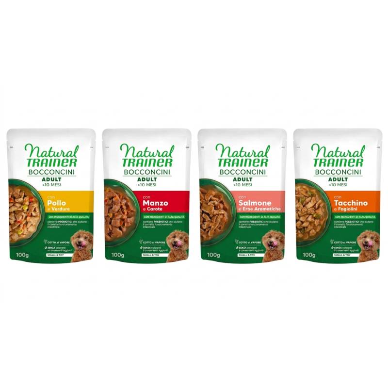 Natural Trainer Bocconcini Adult Small & Toy Häppchen in Sauce - Mix 12 x 100 g (Huhn, Rind, Lachs, Truthahn) von Natural Trainer