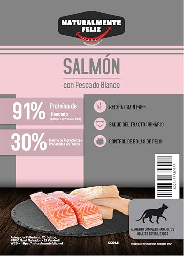 Grain Free Katzenfutter für sterilisierte Katzen, Lachs mit Weißfisch, 70 % Fisch, Gewichtskontrolle und Harngesundheit, 1,5 kg von Naturalmente feliz