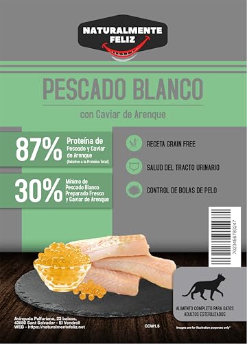 Premium Grain Free Katzenfutter für ausgewachsene Katzen, sterilisiert, weißer Fisch mit Hering-Kaviar, 70 % tierisches Protein, Gewichtskontrolle, Haarbälle und Harnwege, 1,5 kg von Naturalmente feliz